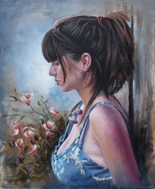 Portrait de jeune femme en extérieur à l'huile, 8 étapes, durée estimée 15h