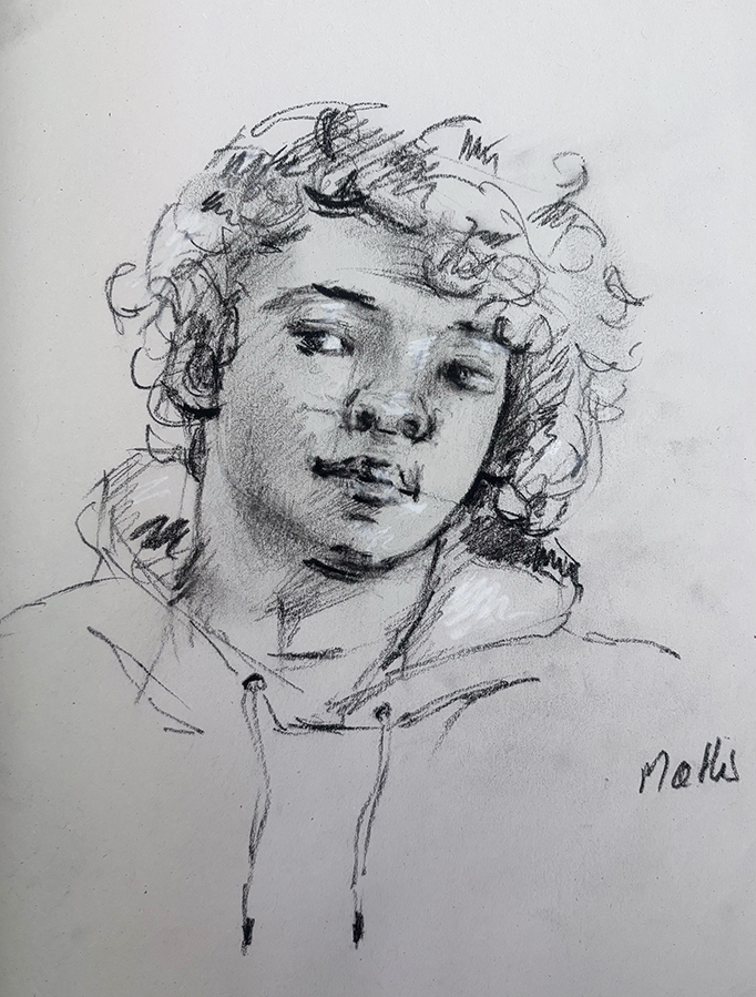 Dessin sur le vif, fusain et crayon blanc